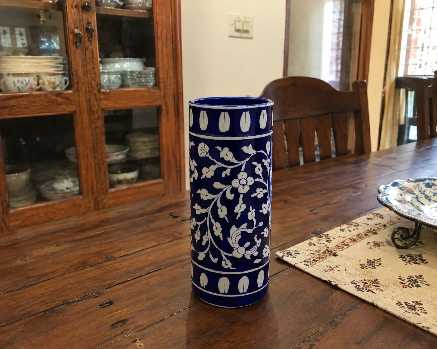 Blue N White Floral Print Blue Pottery Handmade Cylinder Vases