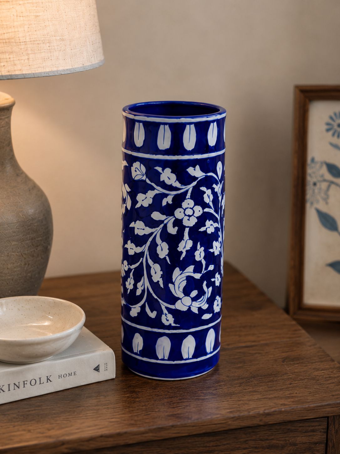 Blue N White Floral Print Blue Pottery Handmade Cylinder Vases