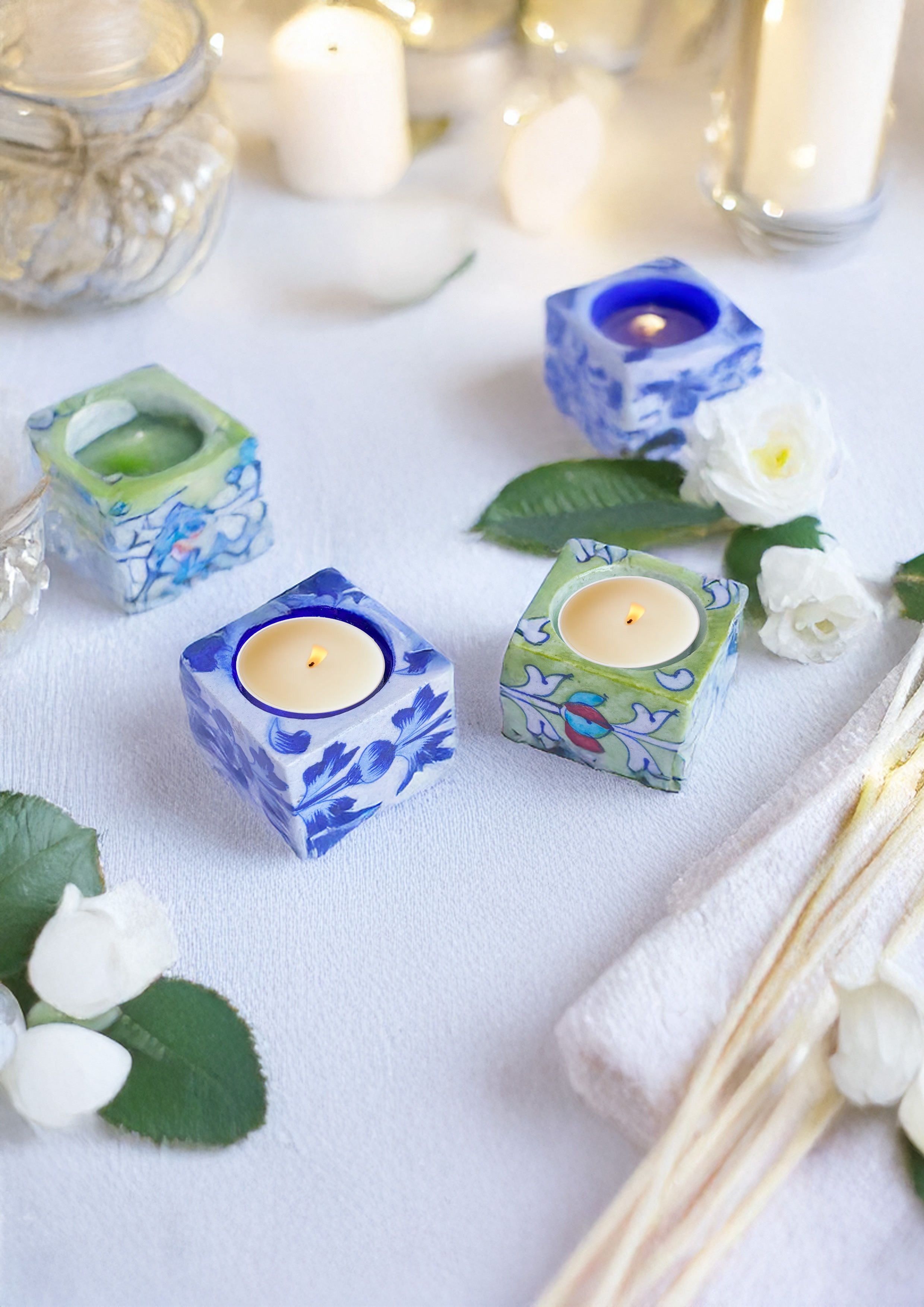 Blue Pottery Flowered Design Candle Stand