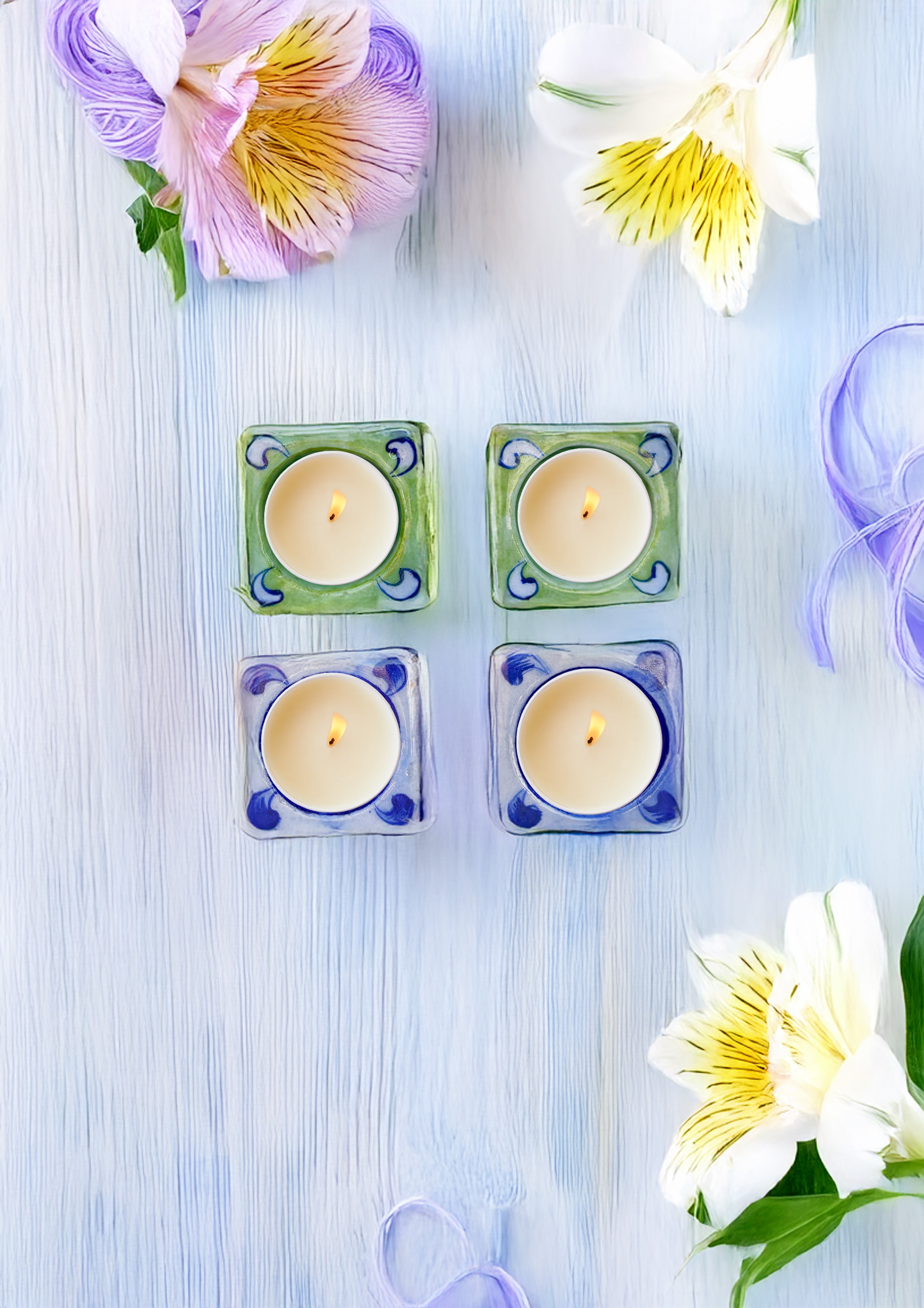 Blue Pottery Flowered Design Candle Stand in the atelier
