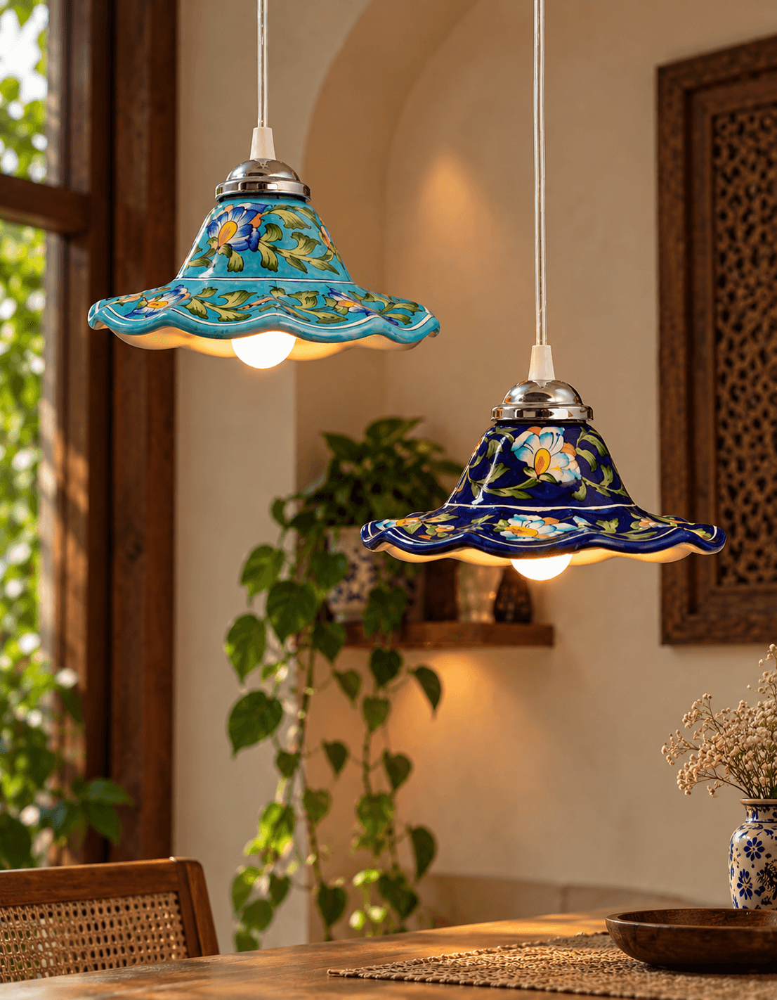 Blue Pottery Hand Design Hanging Lamp