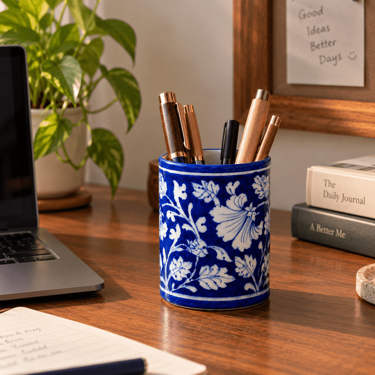 Handmade Handesign Blue Pottery Pen Stand in the atelier
