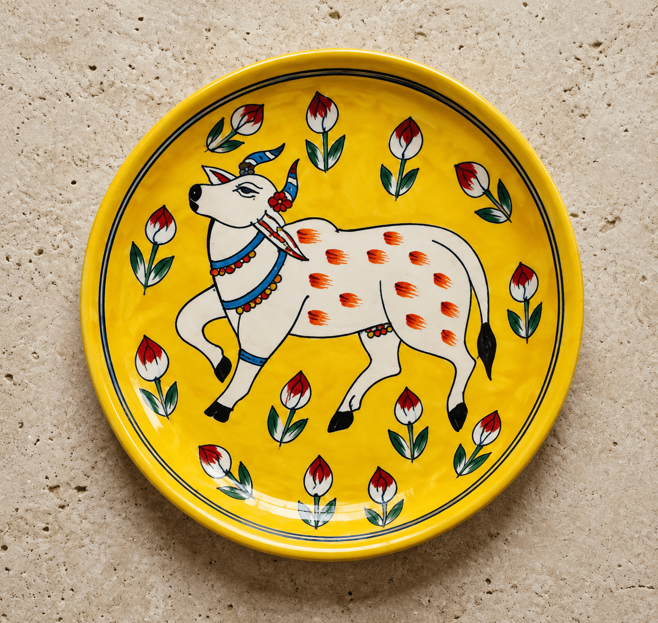 Handmade Blue Pottery Cow Design Decorative Wall Plate – 10 Inch