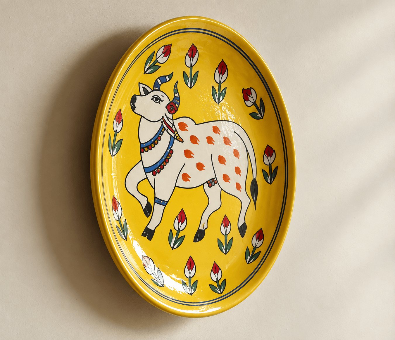 Handmade Blue Pottery Cow Design Decorative Wall Plate – 10 Inch