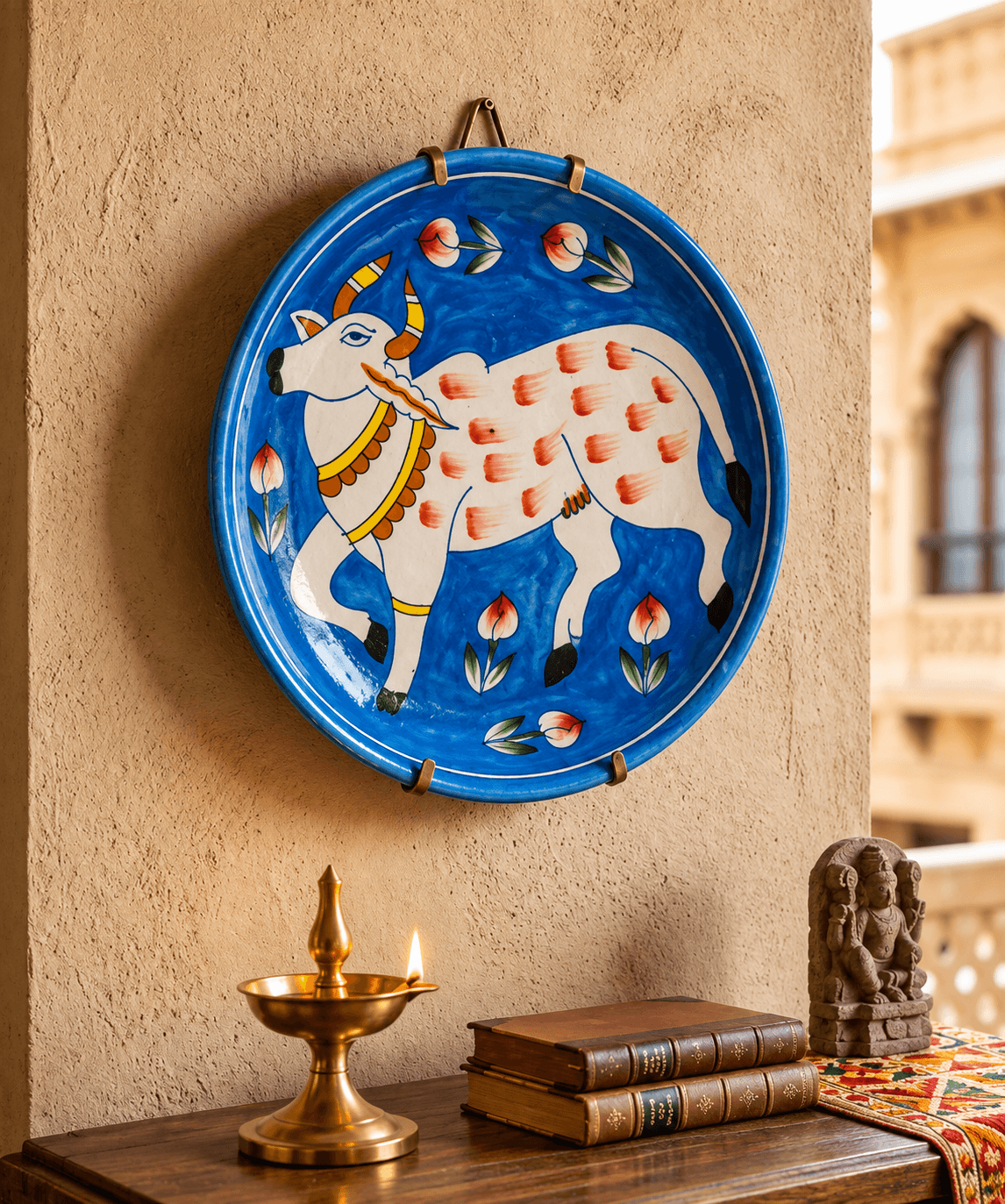 Handmade Blue Pottery Cow Design Decorative Wall Plate - 8 Inch