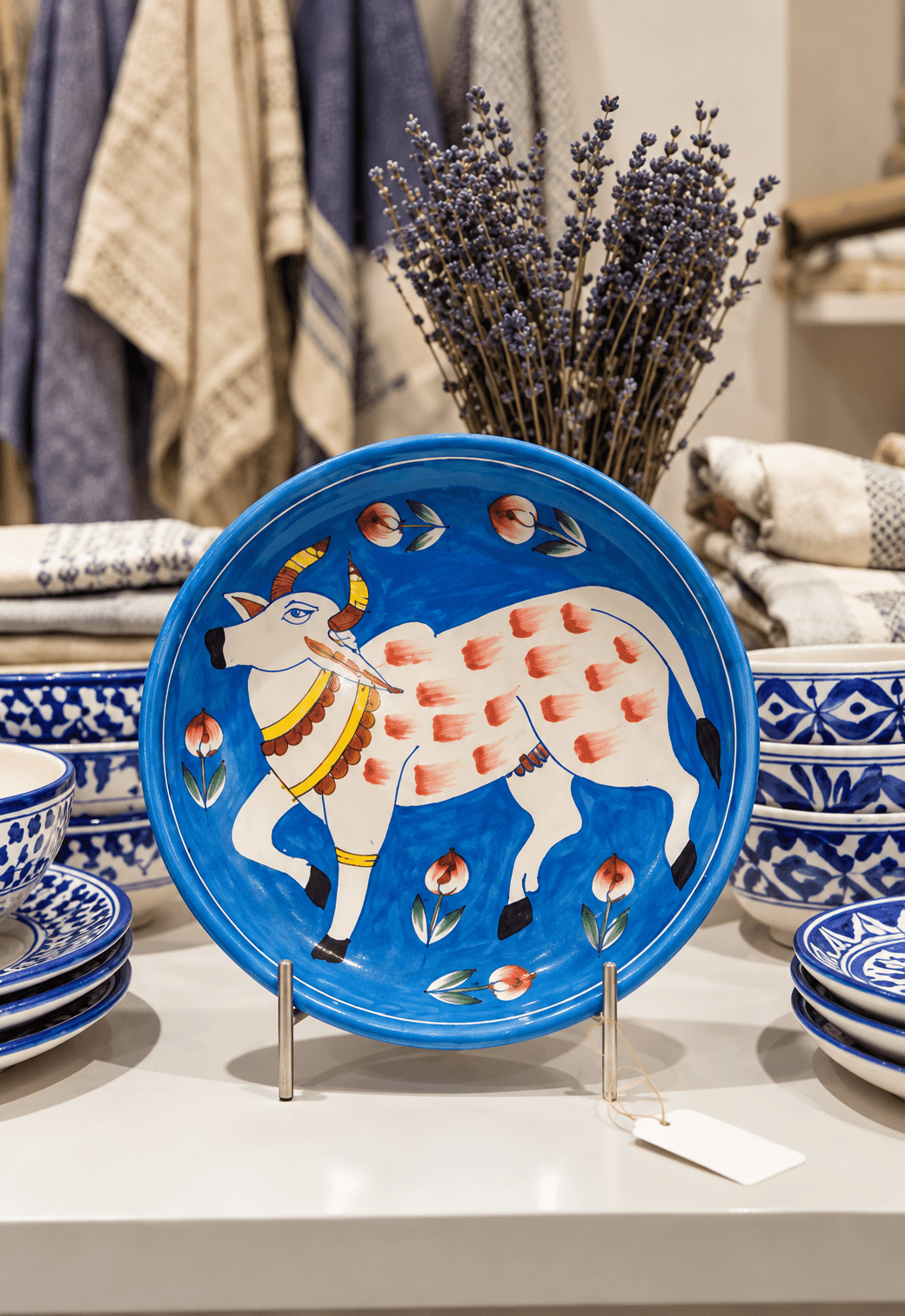 Handmade Blue Pottery Cow Design Decorative Wall Plate - 8 Inch