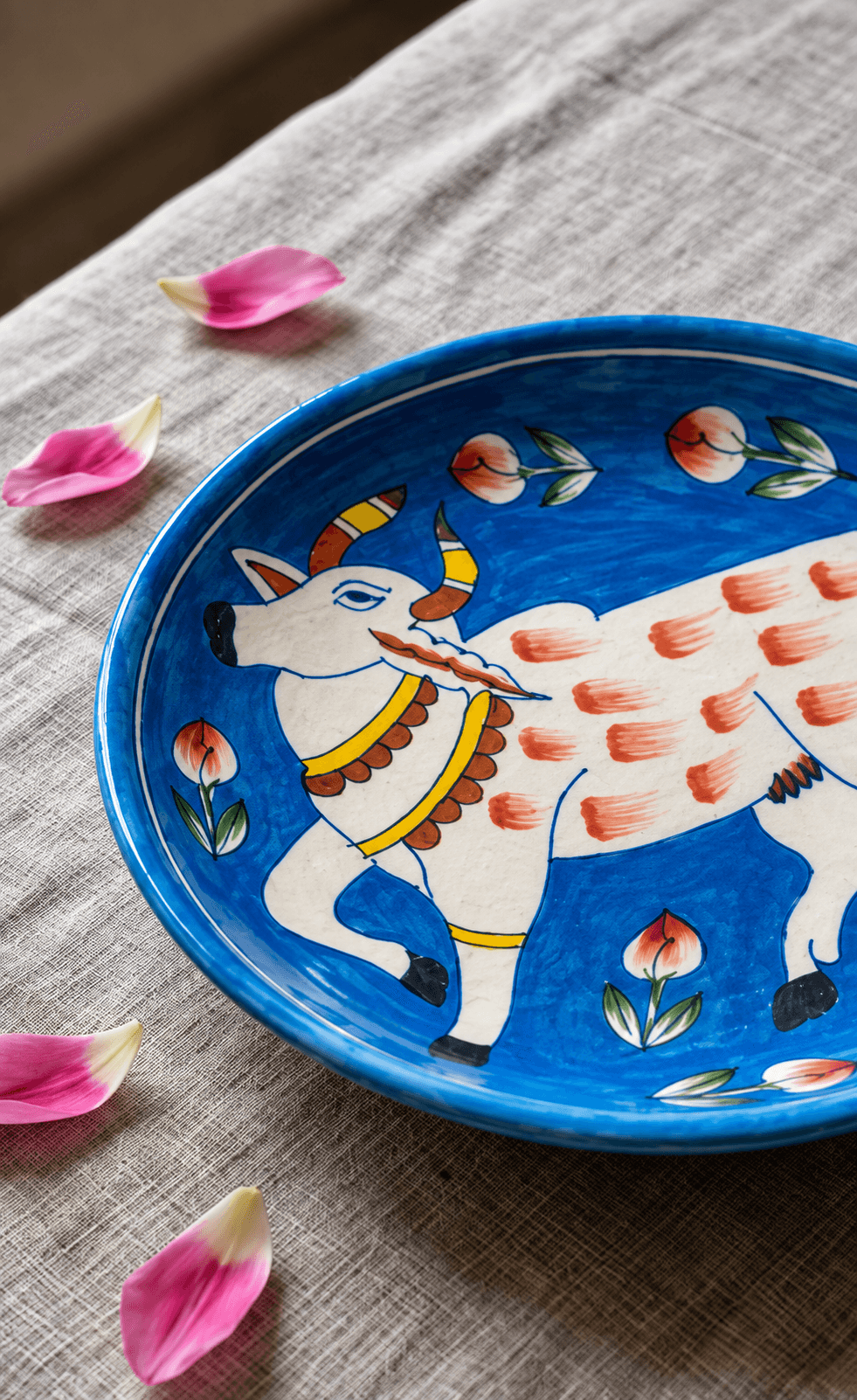 Handmade Blue Pottery Cow Design Decorative Wall Plate - 8 Inch
