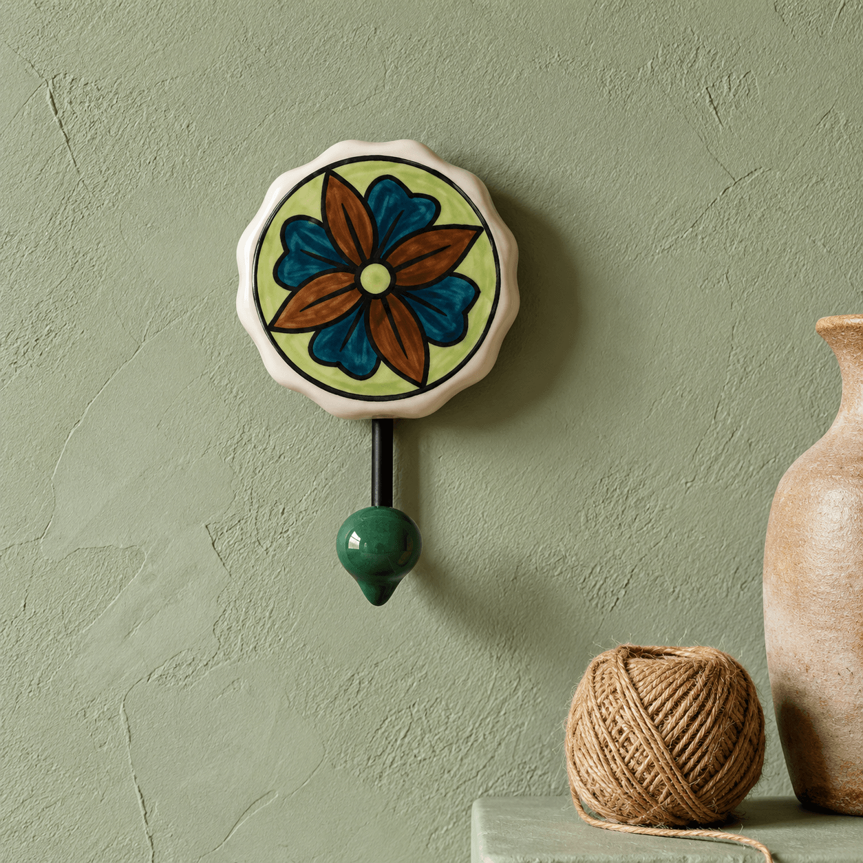 Ceramic Flowered Design Single Wall Hanger - Set Of 2