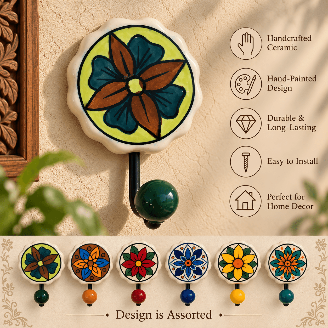Ceramic Flowered Design Single Wall Hanger - Set Of 2
