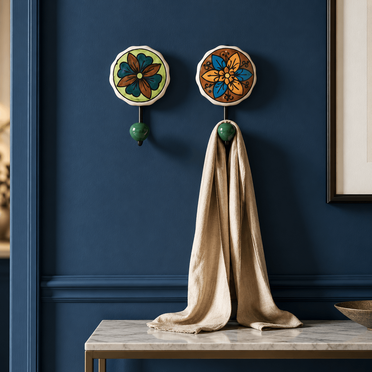 Ceramic Flowered Design Single Wall Hanger - Set Of 2