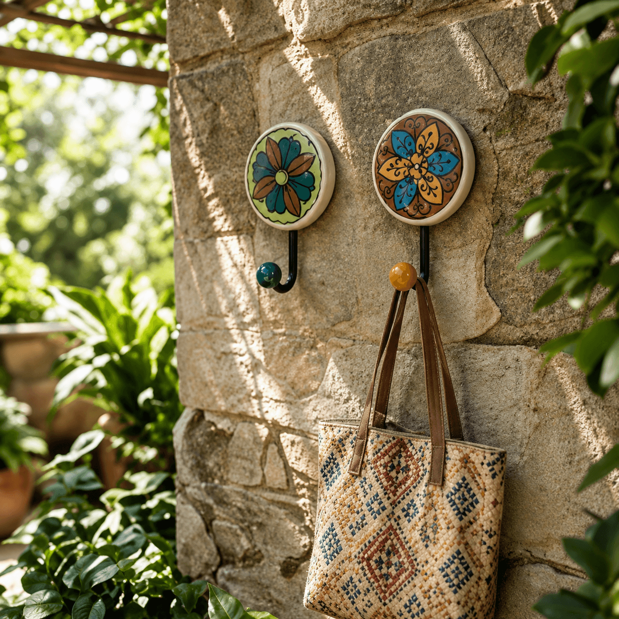 Ceramic Flowered Design Single Wall Hanger - Set Of 2