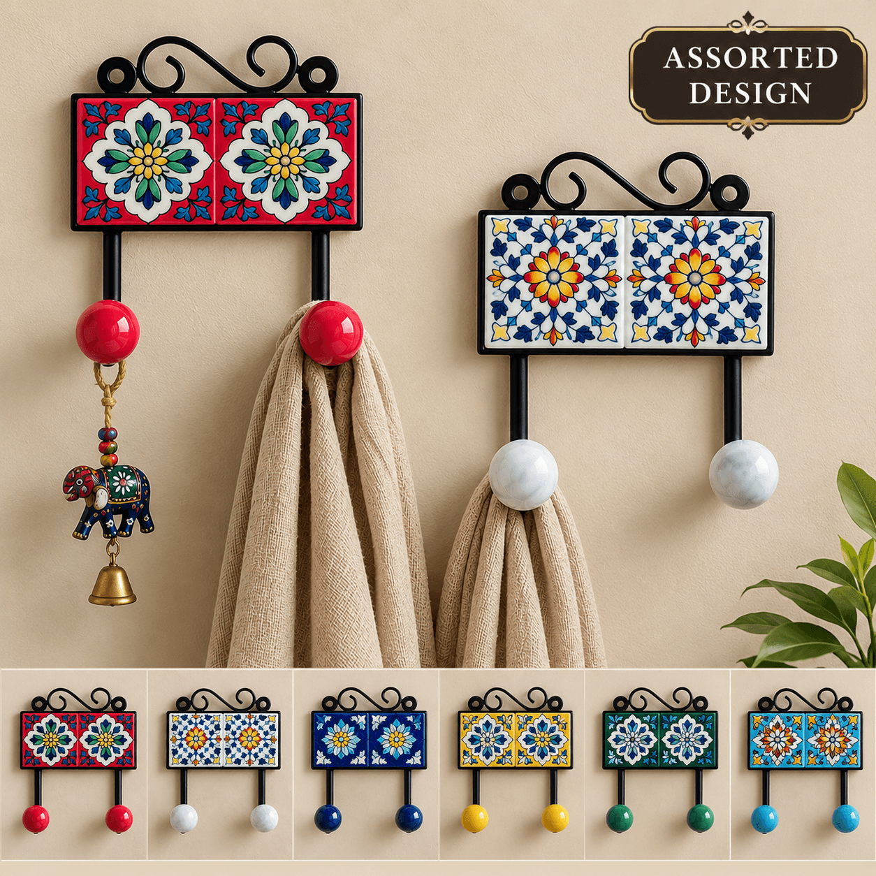 Blue Pottery Design Iron Framed Tiled Hanger Assorted Design — S · Multicolour