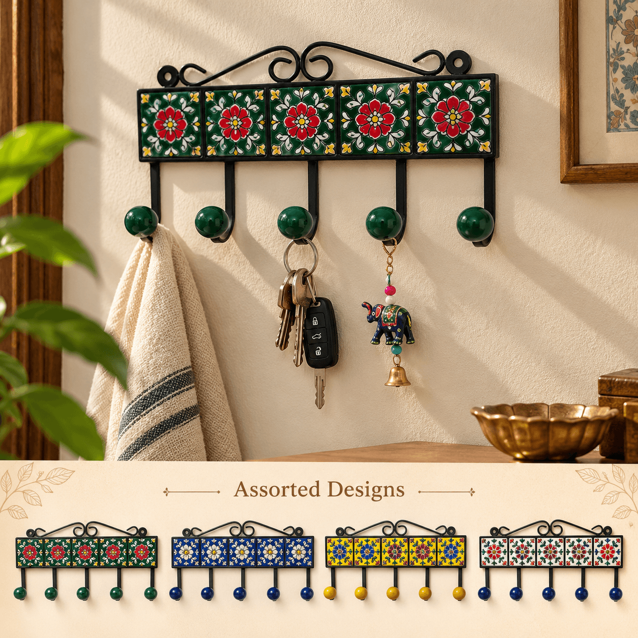 Blue Pottery Design Iron Framed Tiled Hanger Assorted Design — XL · Multicolour