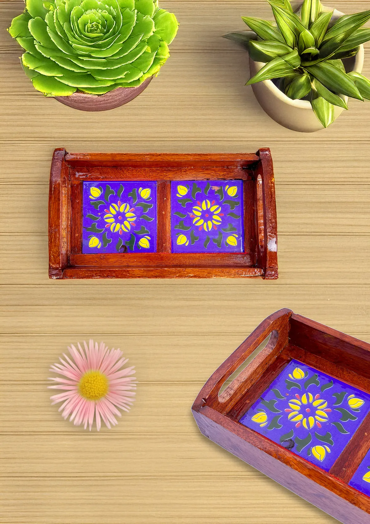 Royal Jaipur Blue Pottery Wooden Serving Tray – Handcrafted Art — S · Multicolour