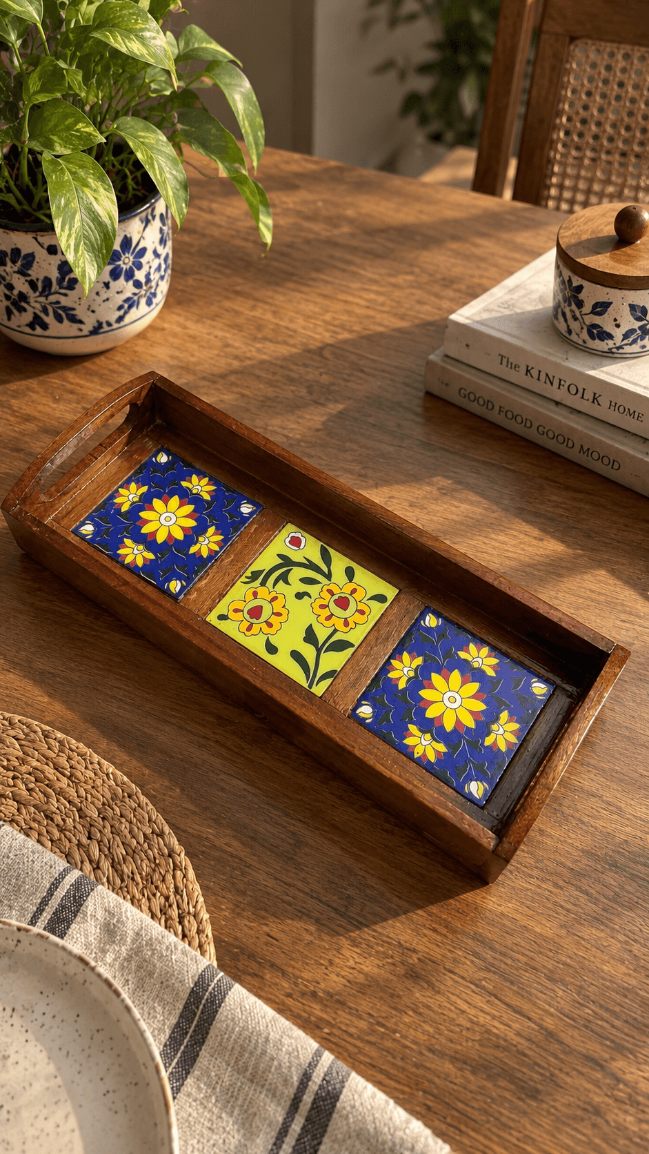 Royal Jaipur Blue Pottery Wooden Serving Tray – Handcrafted Art — M · Multicolour