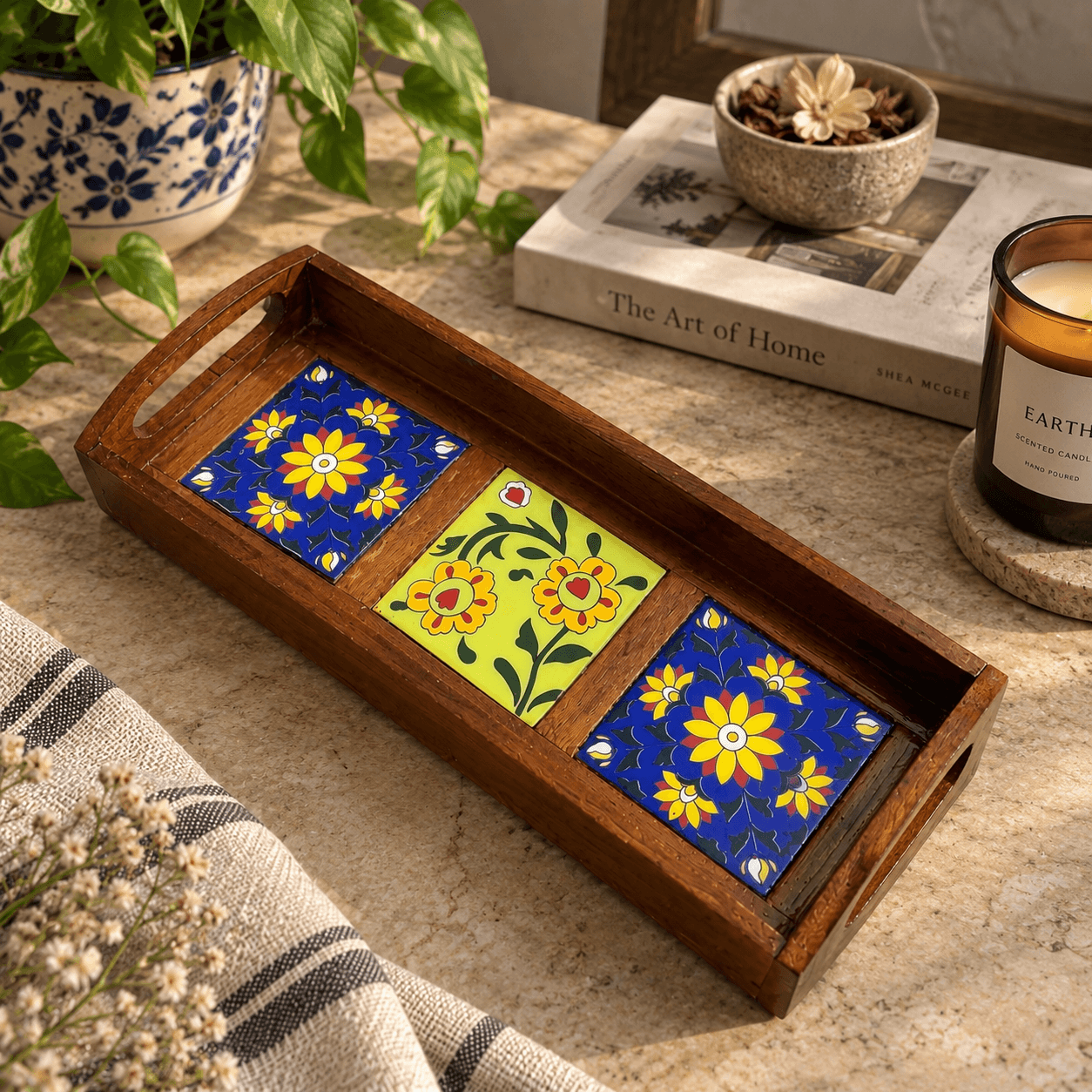 Royal Jaipur Blue Pottery Wooden Serving Tray – Handcrafted Art — M · Multicolour