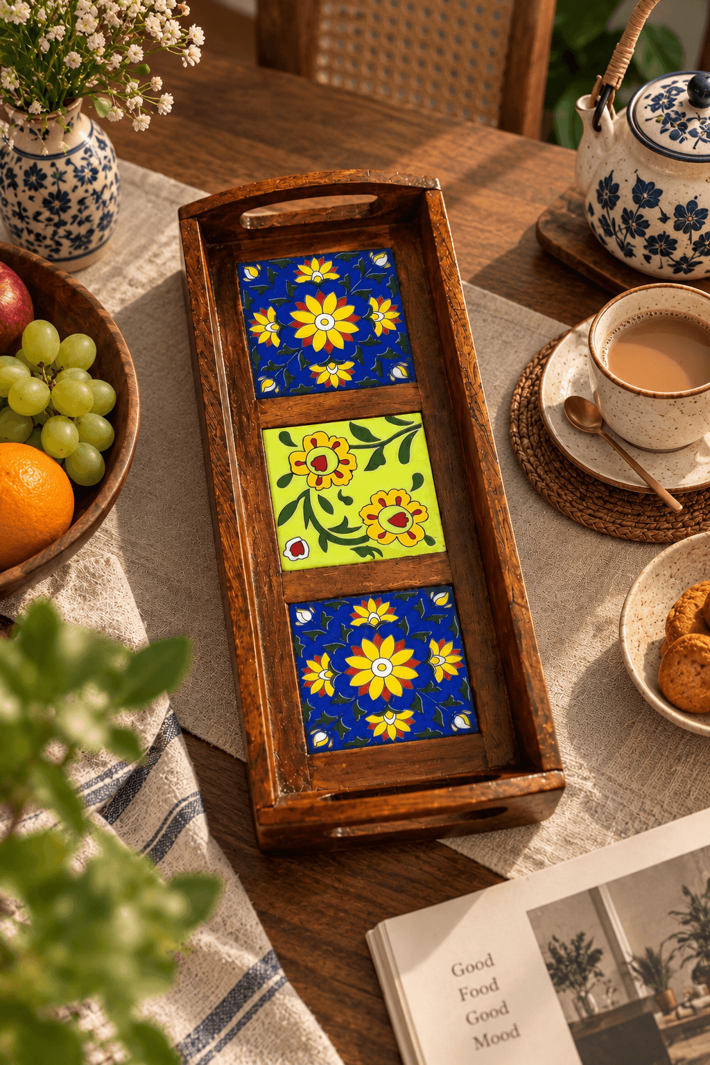 Royal Jaipur Blue Pottery Wooden Serving Tray – Handcrafted Art — M · Multicolour