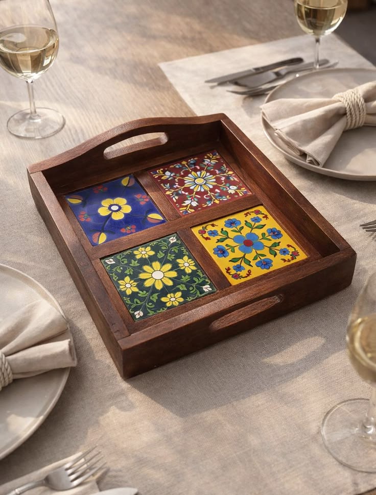 Royal Jaipur Blue Pottery Wooden Serving Tray – Handcrafted Art — L · Multicolour