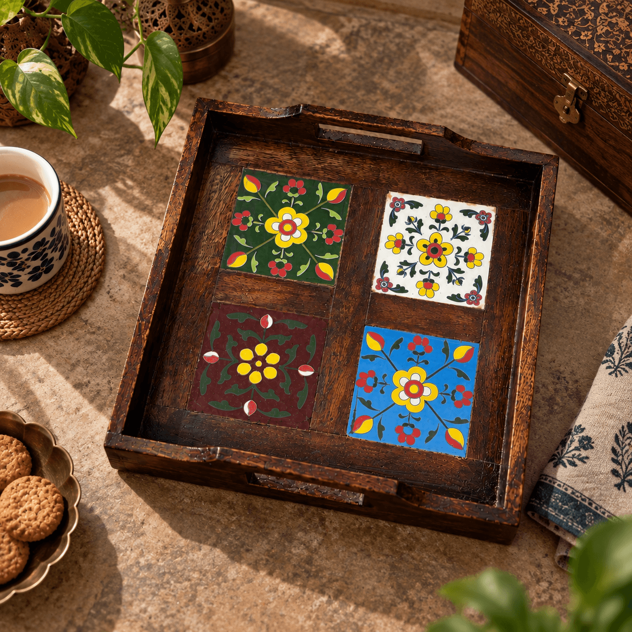 Royal Jaipur Blue Pottery Wooden Serving Tray – Handcrafted Art — L · Multicolour