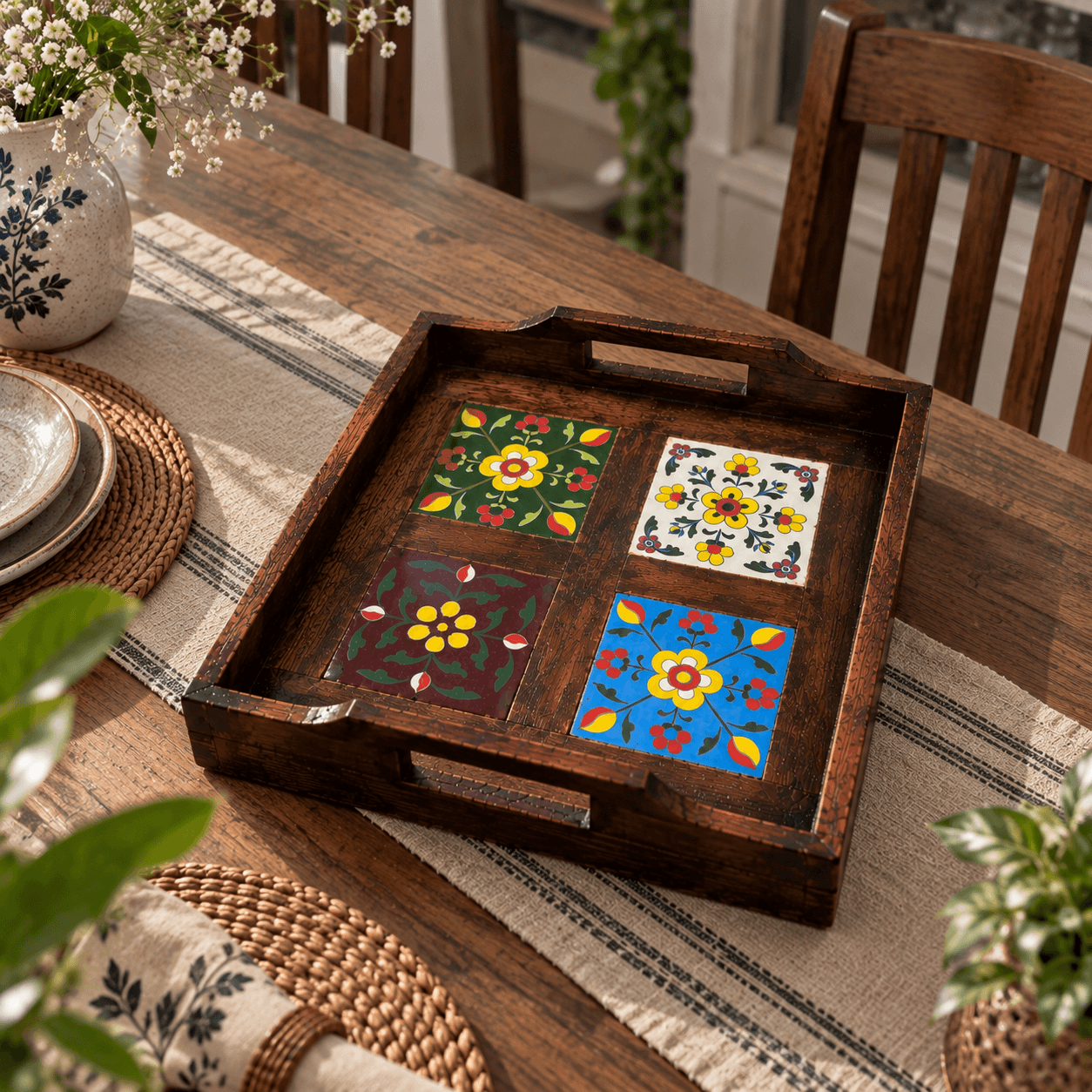 Royal Jaipur Blue Pottery Wooden Serving Tray – Handcrafted Art — L · Multicolour