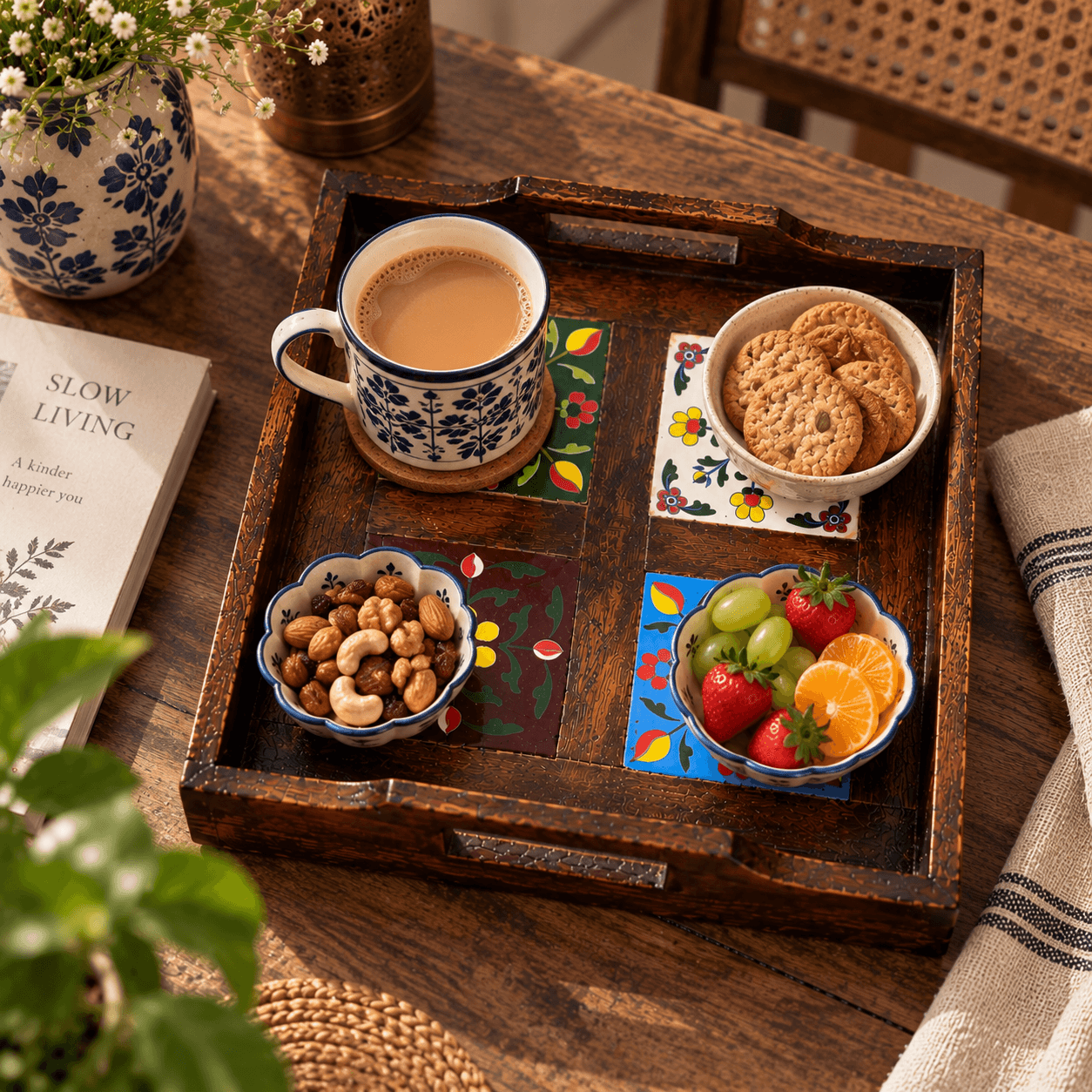 Royal Jaipur Blue Pottery Wooden Serving Tray – Handcrafted Art — L · Multicolour
