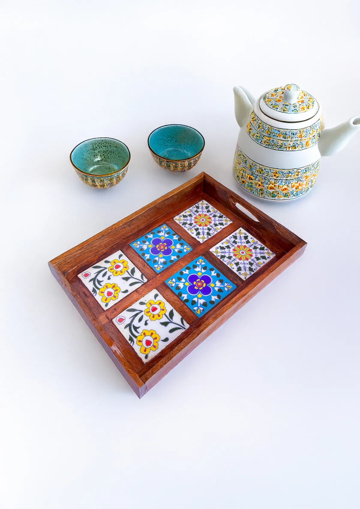Royal Jaipur Blue Pottery Wooden Serving Tray – Handcrafted Art — XL · Multicolour