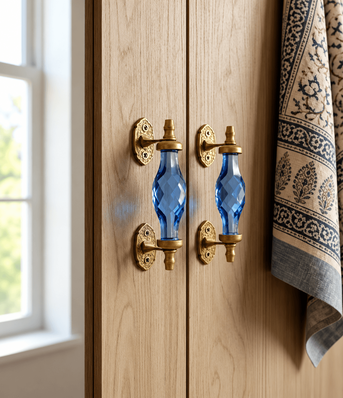 Brass Glass Design Door Handle – Handcrafted Vintage Door Handle — 6Inch · Blue